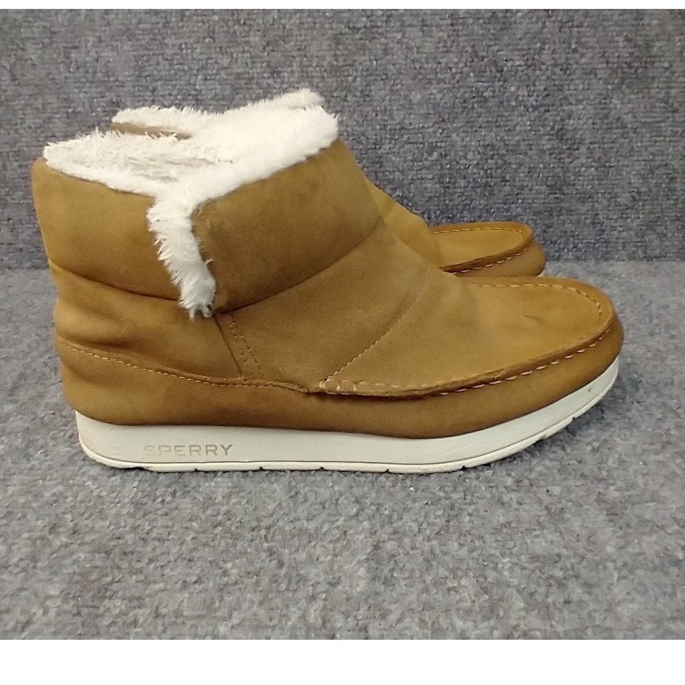 Sperry STS87877 Ankle Boots Women 8.5M Tan Leather Faux Fur Lined Moc Toe